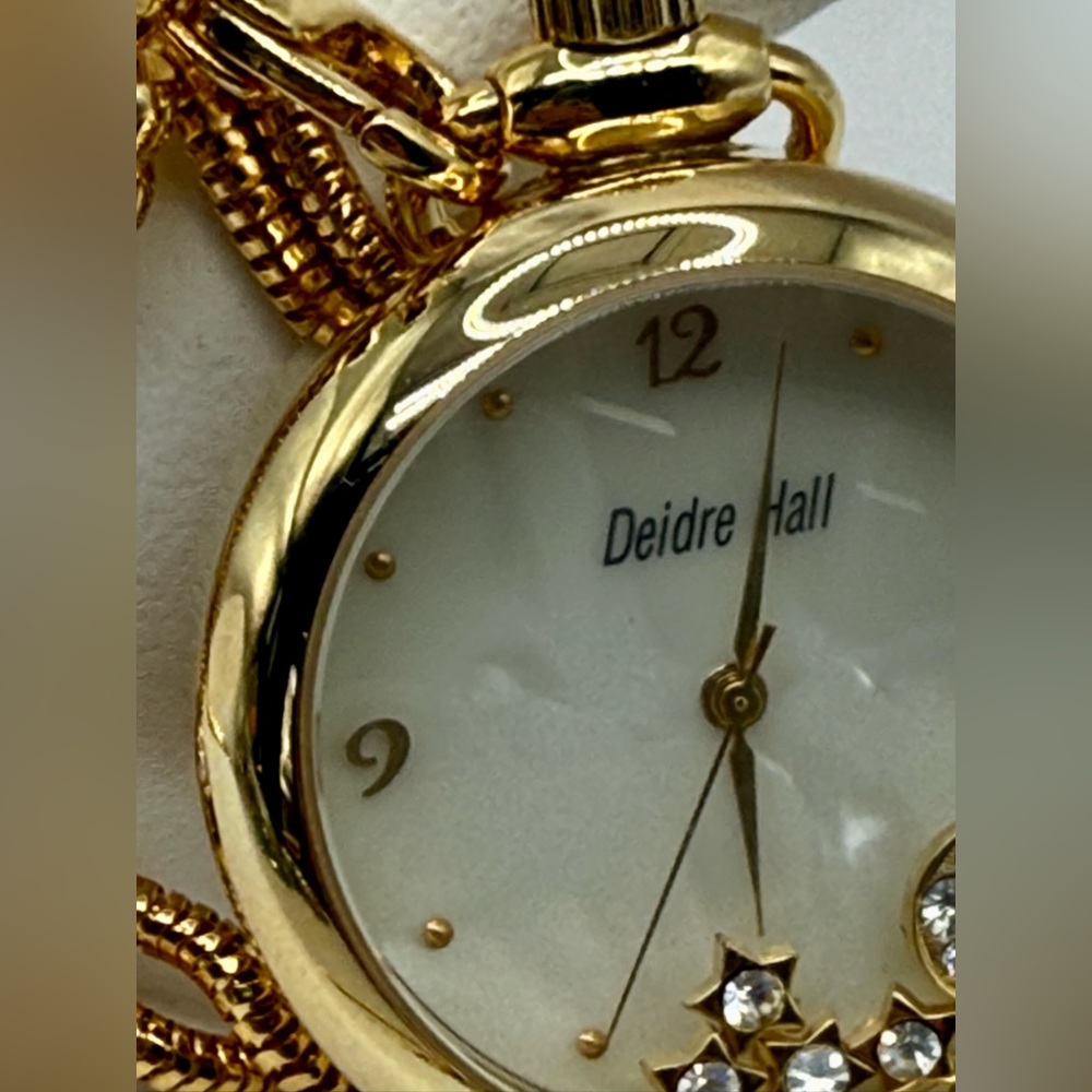 Deidre Hall Pocket Watch Necklace Crystal Accent Moon & Stars Charms MOP Face - Picture 11 of 17